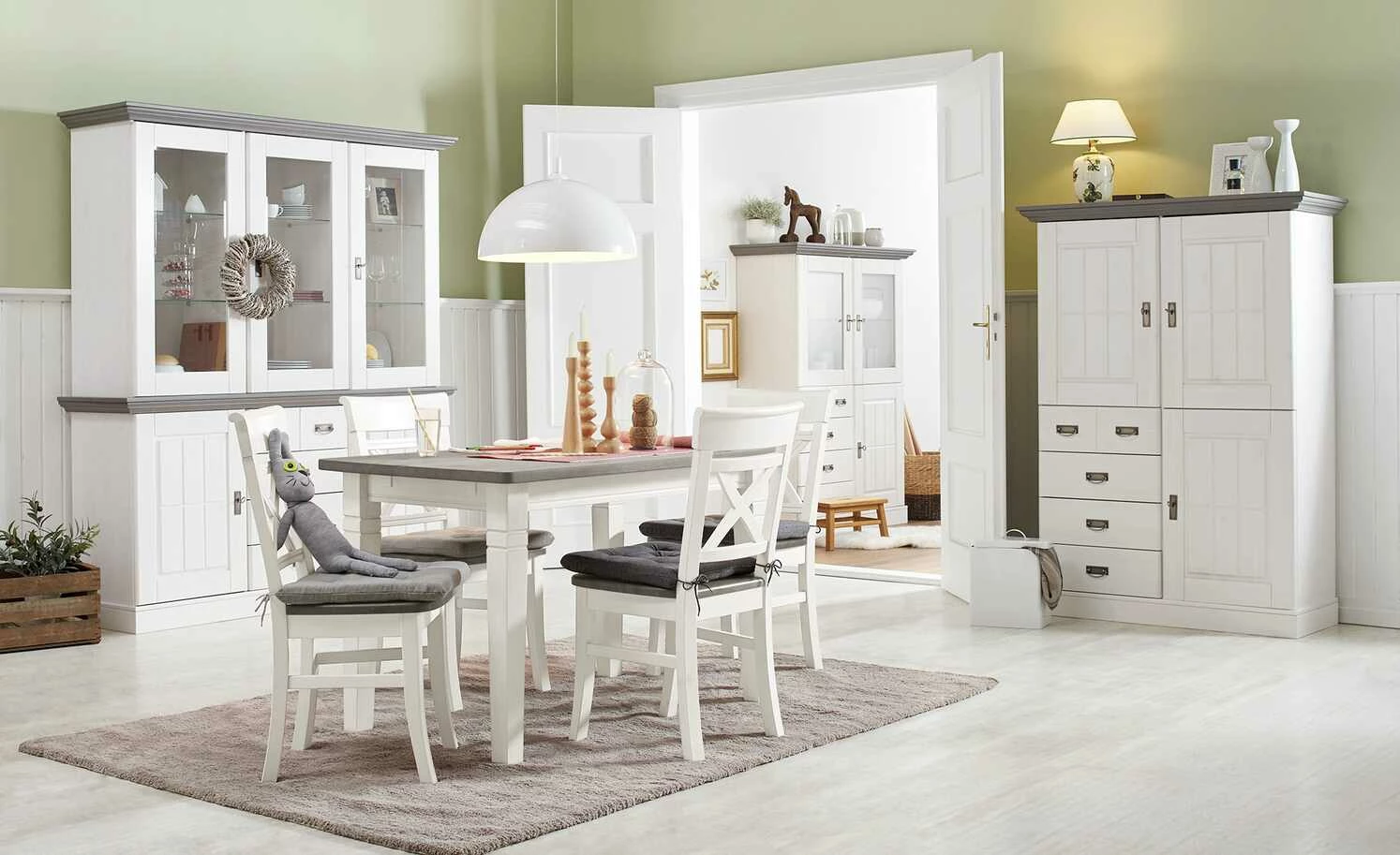 maison bleue Highboard Florian | Weiß / Grau Türen mit Glaseinsatz 1 maison bleue Highboard Florian | Weiß / Grau Türen mit Glaseinsatz